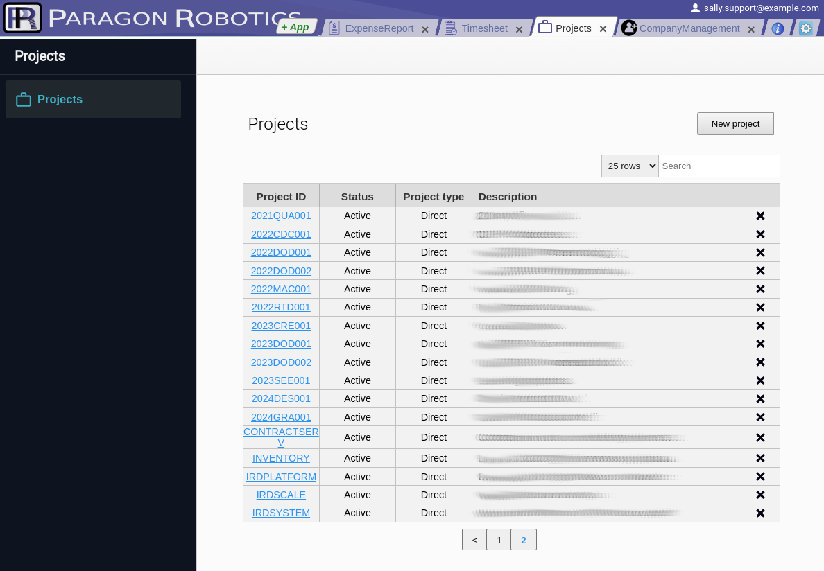 Projects table