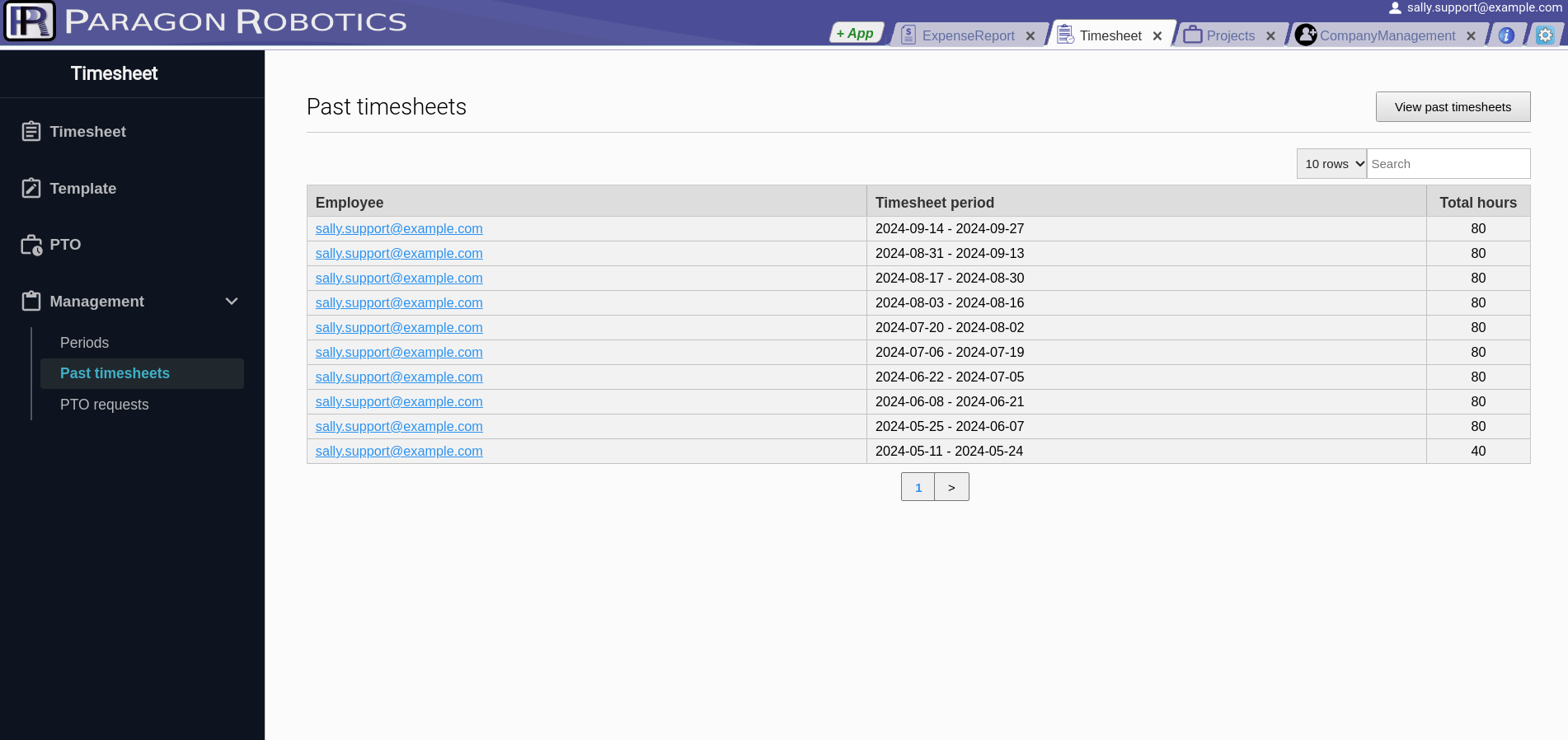 Past timesheet table